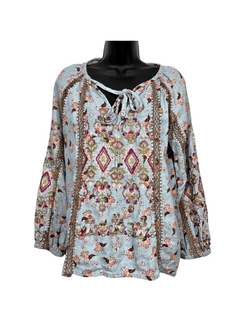Sundance Top XS Blue Floral Embroidered Linen Oversized Boho Western Tunic